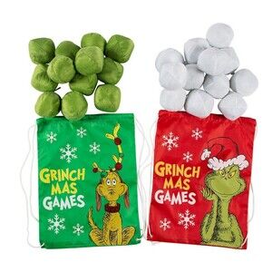 Grinch Indoor Snowball Fight, 24 Plush Balls,  2 Drawstring Bags For Players NIB
